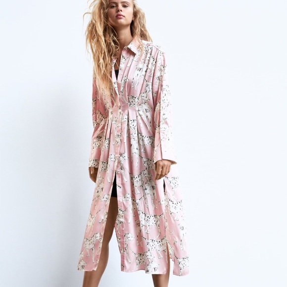 Zara Tops - Zara Pink Dog Print Long Shirt Dress